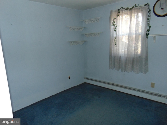 empty room featuring dark carpet and baseboard heating