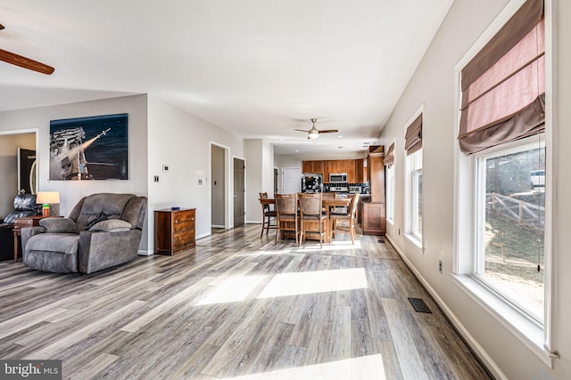 living room with a healthy amount of sunlight, light wood-style floors, and ceiling fan