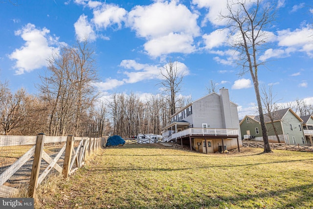 view of yard featuring a wooden deck and fence