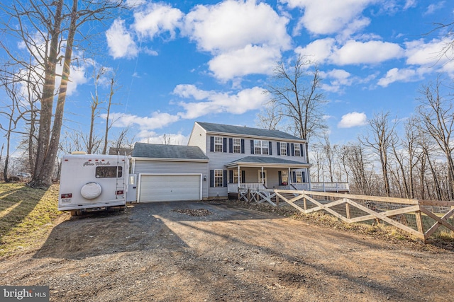 view of front of home featuring a shingled roof, fence, a porch, driveway, and an attached garage