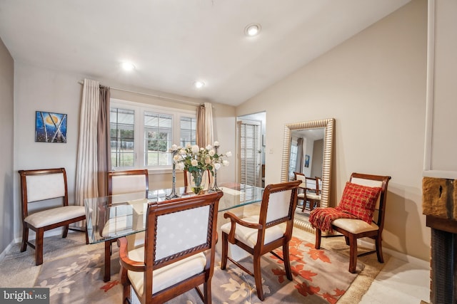 living area featuring carpet, vaulted ceiling, recessed lighting, and baseboards