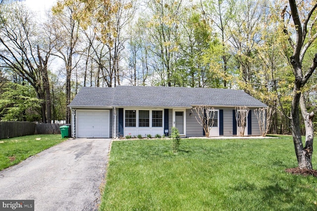 single story home featuring a garage, aphalt driveway, fence, a front lawn, and roof with shingles