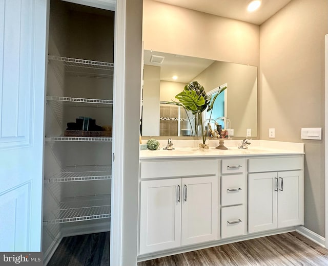 full bathroom with double vanity, wood finished floors, a walk in closet, and a sink