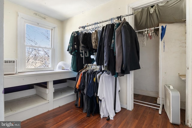 walk in closet featuring cooling unit and wood finished floors