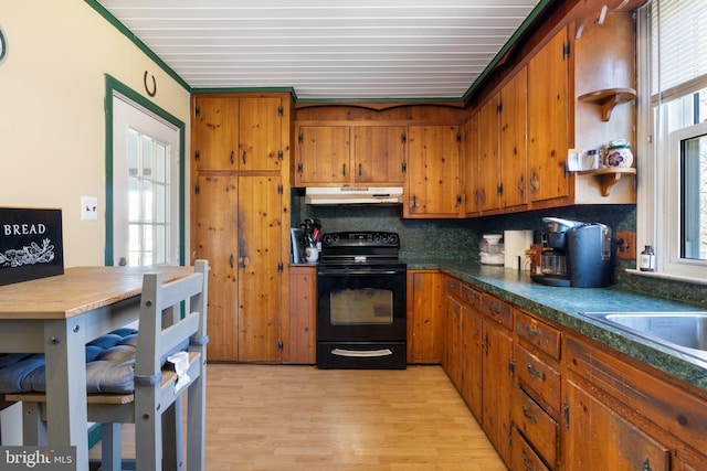 kitchen with under cabinet range hood, brown cabinets, black / electric stove, and light wood-style floors