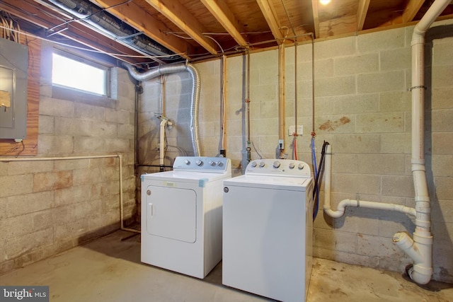 laundry area featuring laundry area, electric panel, and washing machine and clothes dryer