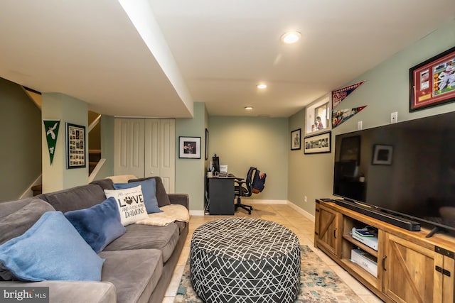 living room with light tile patterned flooring, stairway, recessed lighting, and baseboards