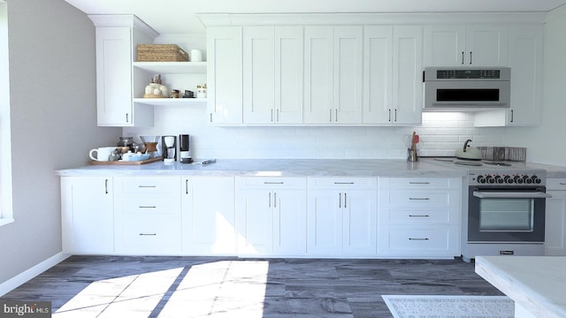 kitchen featuring dark wood finished floors, open shelves, electric range oven, white cabinets, and tasteful backsplash