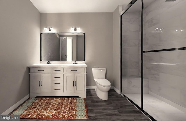 full bathroom with double vanity, toilet, baseboards, and a stall shower