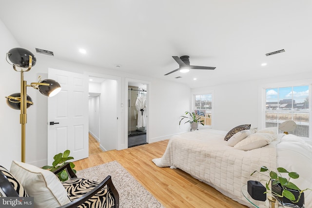 bedroom with visible vents, recessed lighting, and light wood-style floors