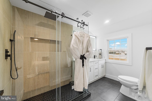 full bath featuring tile patterned floors, visible vents, toilet, a stall shower, and vanity