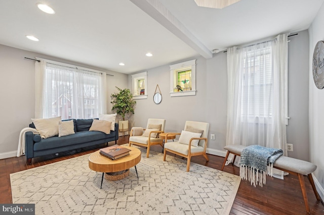 living area with wood finished floors, baseboards, and a wealth of natural light