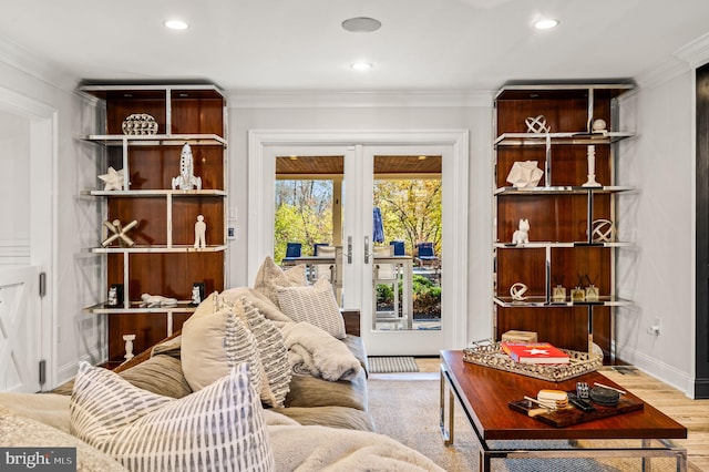 interior space with recessed lighting, french doors, and ornamental molding