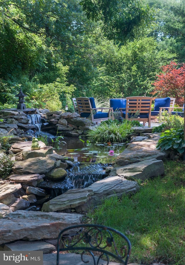 view of yard featuring a forest view and a small pond