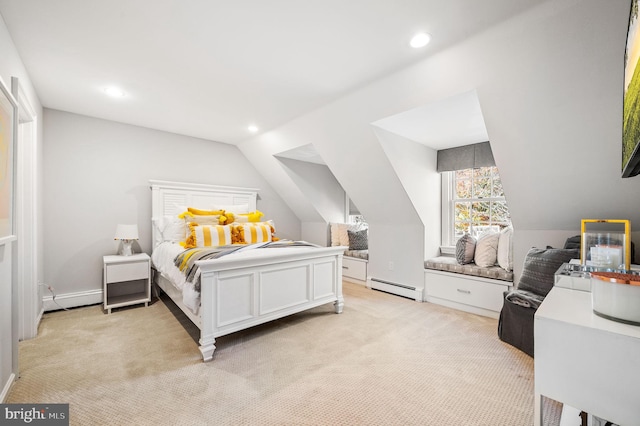 bedroom with recessed lighting, light carpet, baseboard heating, and lofted ceiling