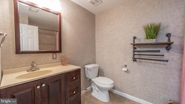 full bathroom featuring tile patterned flooring, visible vents, toilet, and vanity