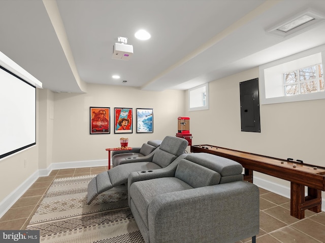 cinema featuring electric panel, baseboards, recessed lighting, and tile patterned floors