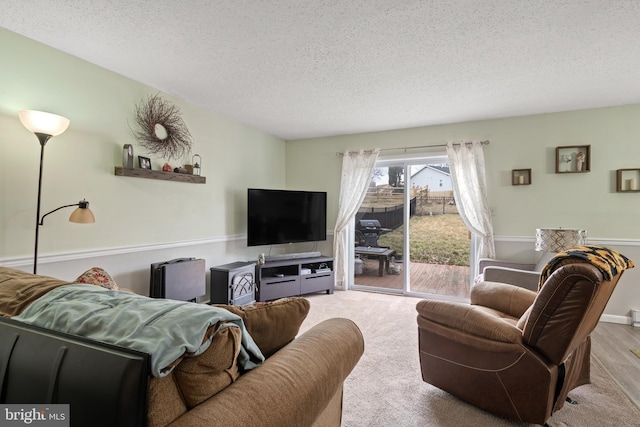 living room featuring a textured ceiling and carpet