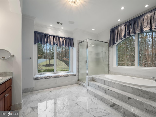 bathroom featuring visible vents, crown molding, a stall shower, marble finish floor, and vanity