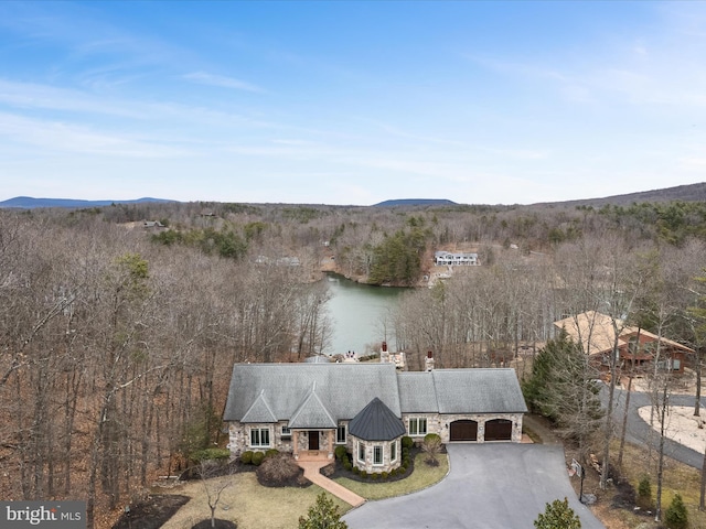 bird's eye view featuring a forest view and a water view