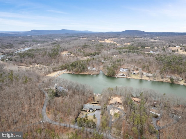 bird's eye view with a water and mountain view