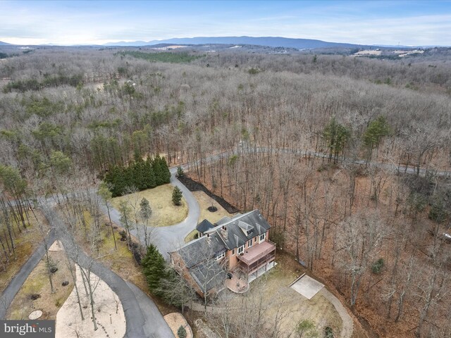 drone / aerial view featuring a wooded view and a mountain view