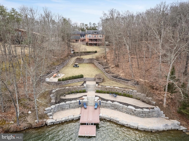 bird's eye view with a water view