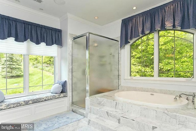 bathroom with visible vents, a shower stall, crown molding, a bath, and marble finish floor