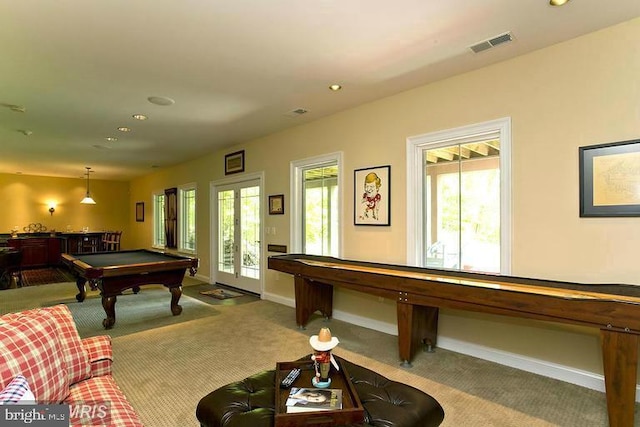 rec room featuring carpet, visible vents, baseboards, recessed lighting, and pool table