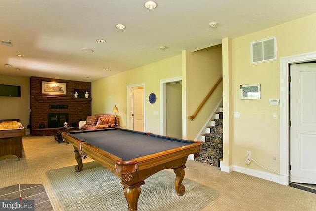 playroom with visible vents, billiards, recessed lighting, a fireplace, and light colored carpet