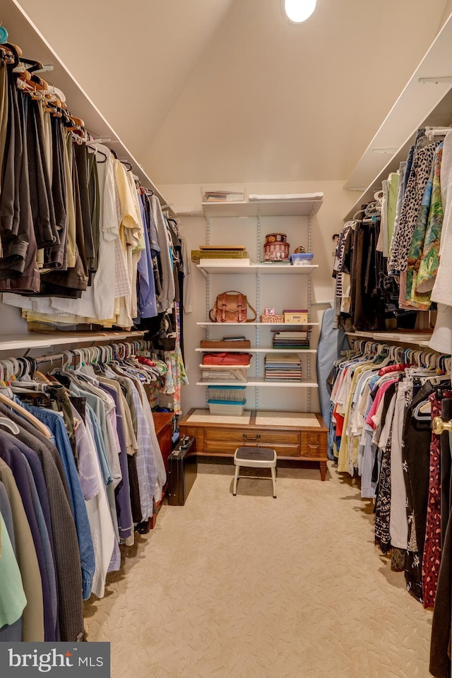 walk in closet featuring carpet floors and vaulted ceiling