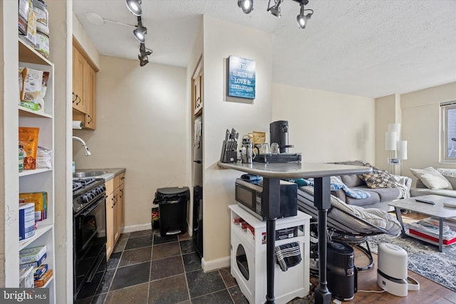 kitchen with light brown cabinetry, a textured ceiling, black appliances, and a sink