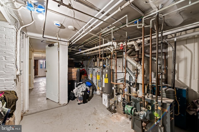 unfinished basement with water heater and a heating unit