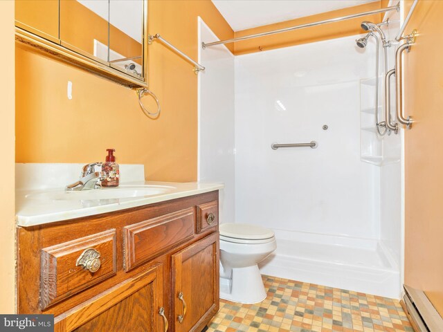 full bath with a baseboard radiator, toilet, walk in shower, and vanity