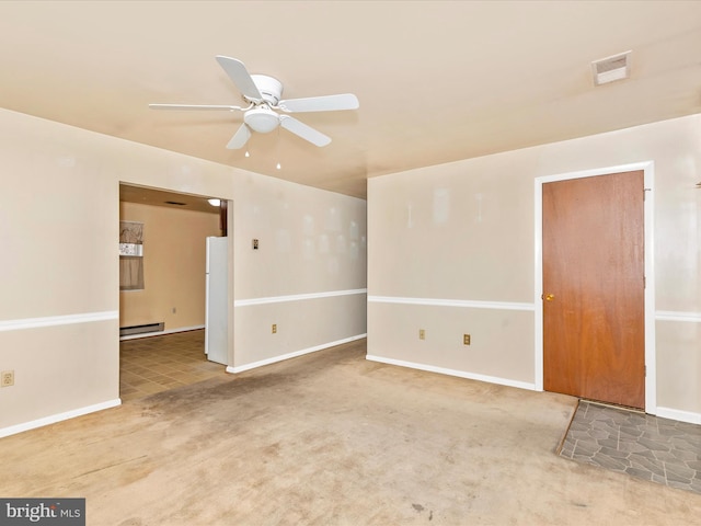 carpeted empty room with a baseboard radiator, baseboards, visible vents, and a ceiling fan