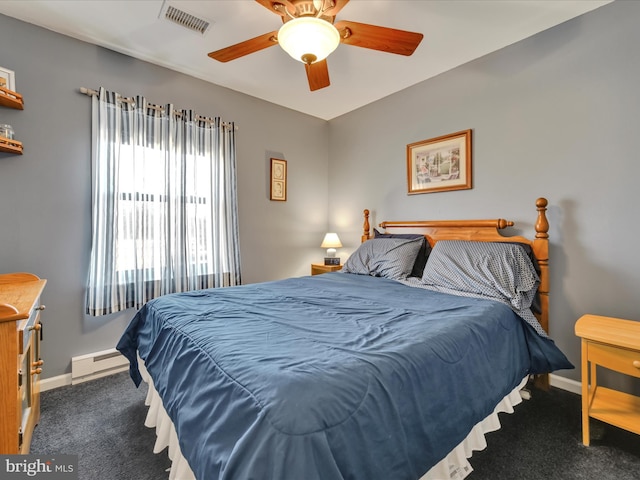 bedroom with visible vents, ceiling fan, baseboards, carpet floors, and a baseboard radiator