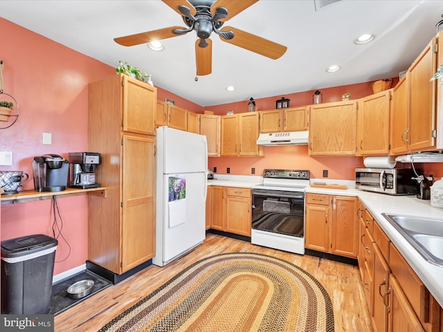 kitchen with under cabinet range hood, white appliances, light wood-style floors, and a sink