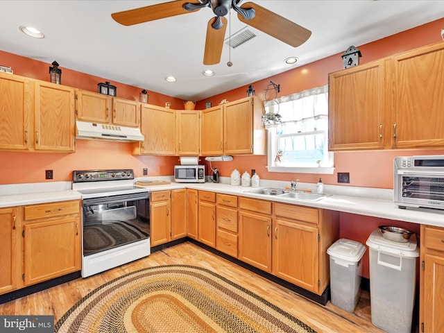 kitchen featuring visible vents, range with electric cooktop, under cabinet range hood, stainless steel microwave, and a sink