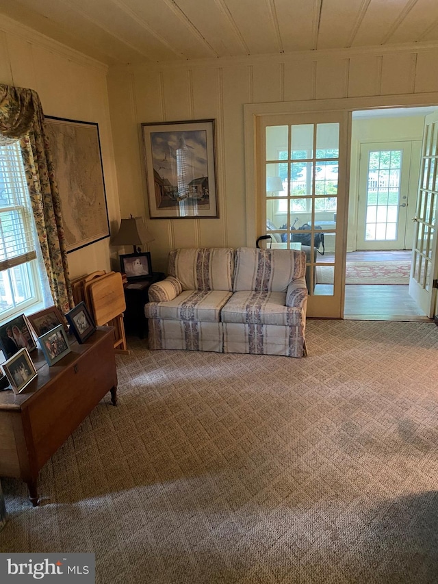 carpeted living area featuring a decorative wall