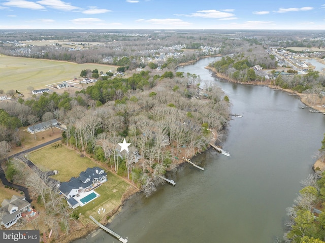 drone / aerial view with a water view