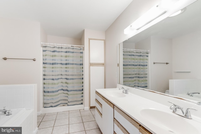 full bath featuring tile patterned floors, double vanity, a shower with shower curtain, and a sink