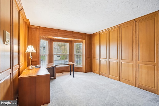 carpeted home office featuring a decorative wall and a textured ceiling