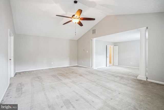 spare room with ceiling fan, visible vents, carpet, and ornate columns