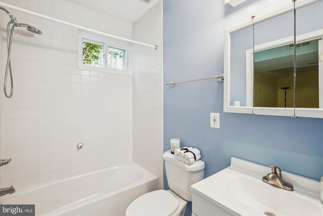 bathroom with shower / bathing tub combination, visible vents, toilet, and vanity