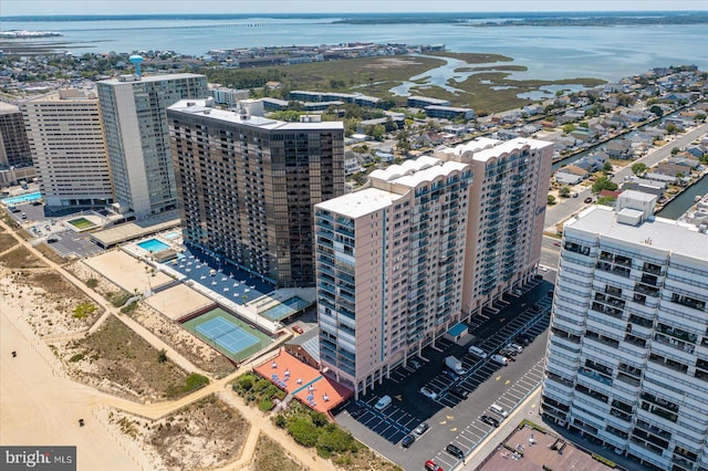 bird's eye view with a city view and a water view