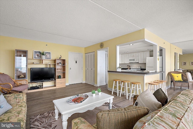 living area with a textured ceiling, baseboards, and dark wood-style flooring