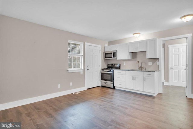 kitchen with wood finished floors, stainless steel appliances, baseboards, and a sink