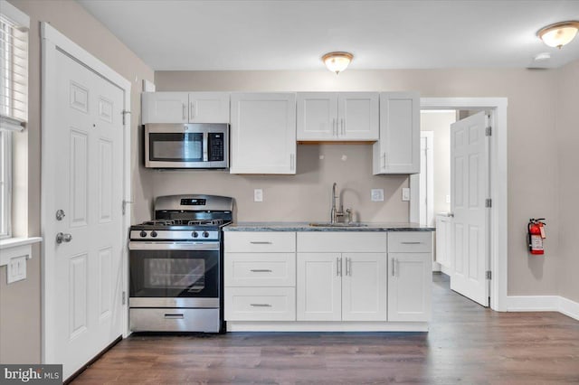 kitchen featuring a sink, stainless steel appliances, baseboards, and dark wood-type flooring