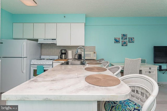 kitchen featuring under cabinet range hood, a sink, a textured ceiling, white appliances, and decorative backsplash