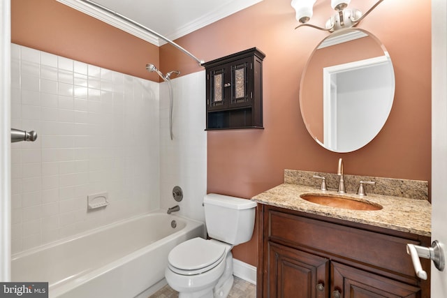 full bath featuring toilet, ornamental molding, vanity, a chandelier, and shower / bathtub combination